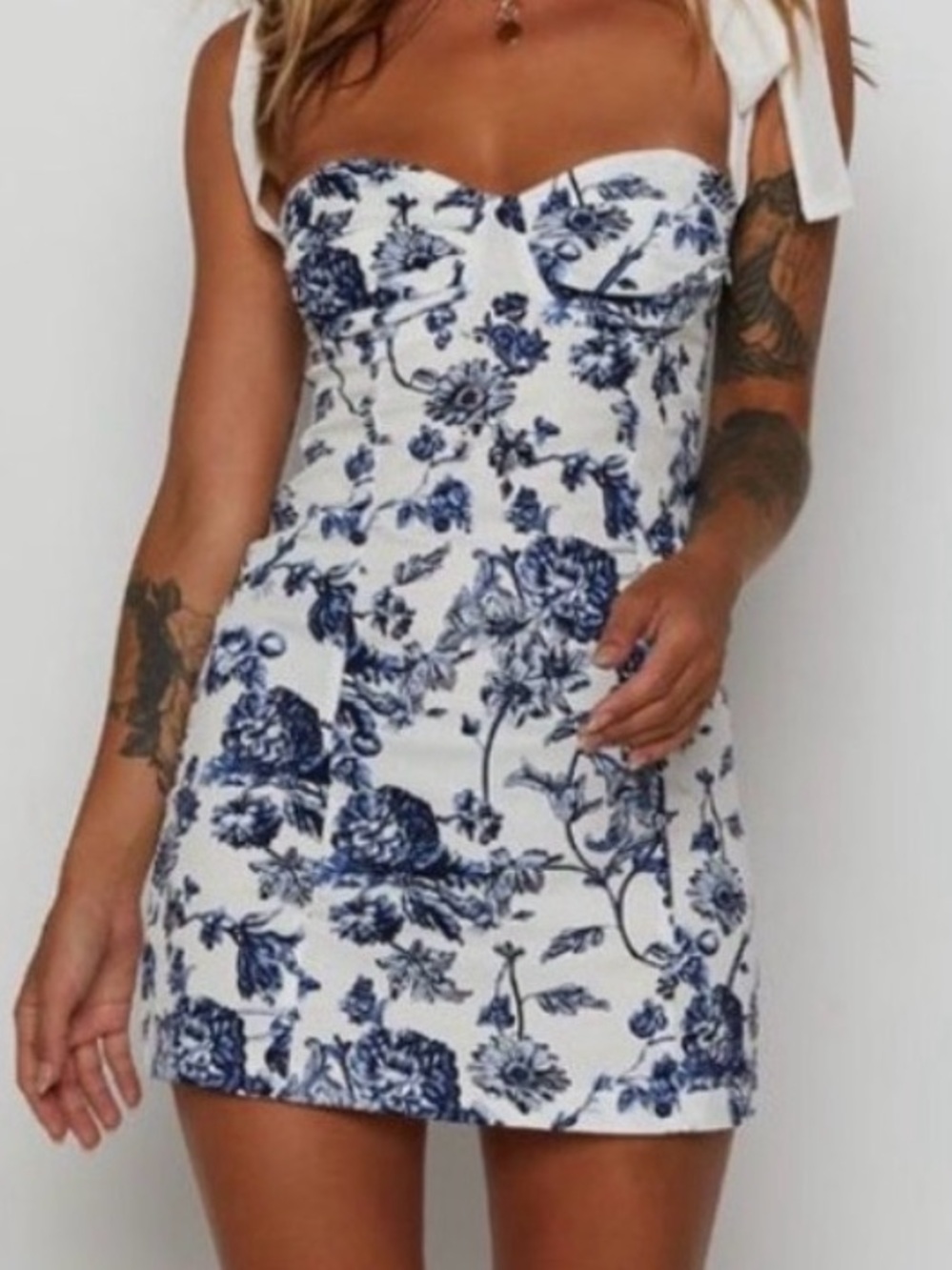 White & Navy Floral Tie-Shoulder Sundress
